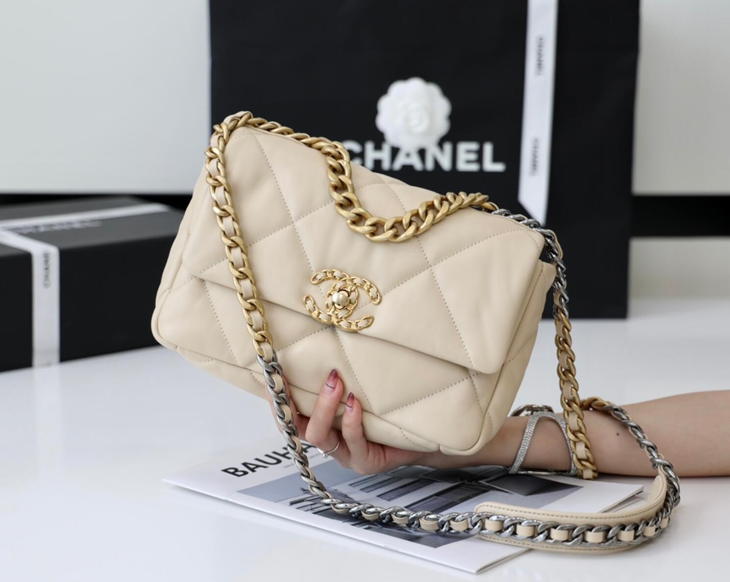 CHANEL 19 Small Flap Bag In Beige Lambskin