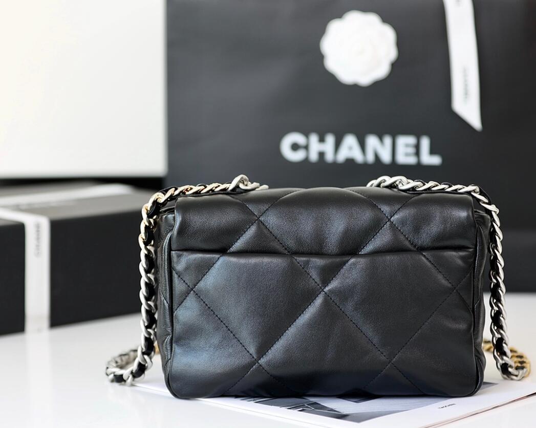 CHANEL 19 Small Flap Bag In Black Lambskin Silver Buckle