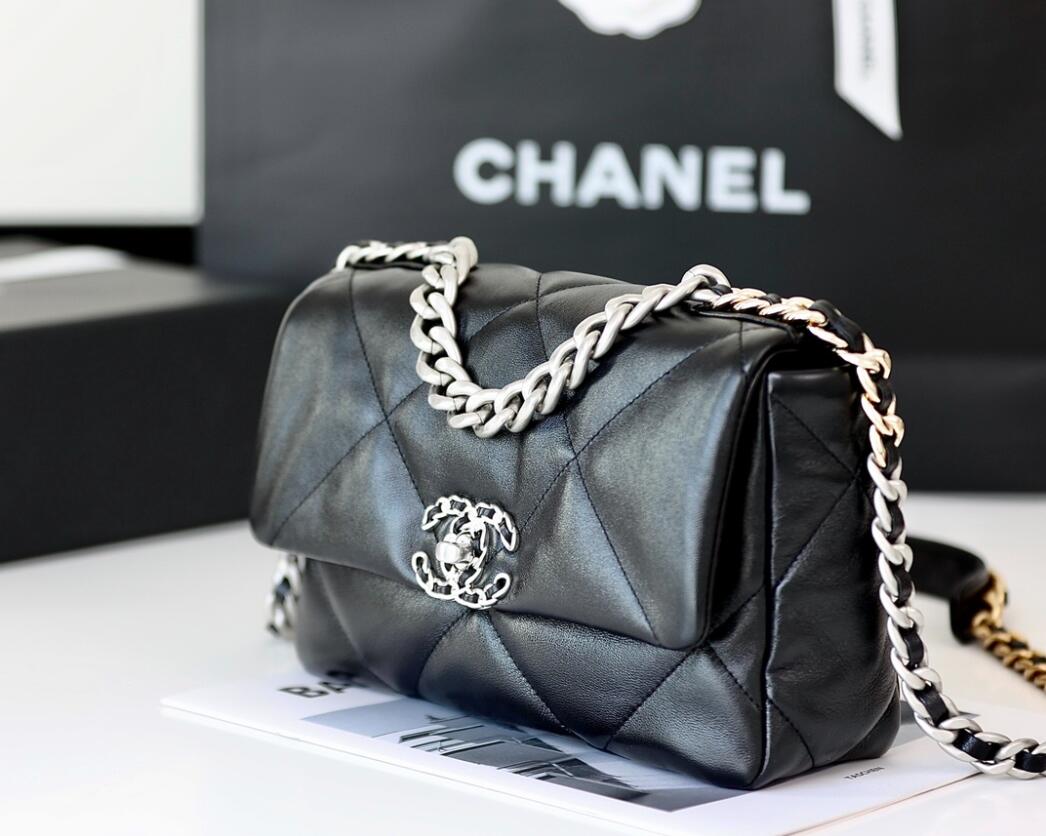 CHANEL 19 Small Flap Bag In Black Lambskin Silver Buckle