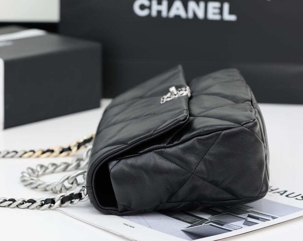 CHANEL 19 Medium Flap Bag In Black Lambskin Silver Buckle