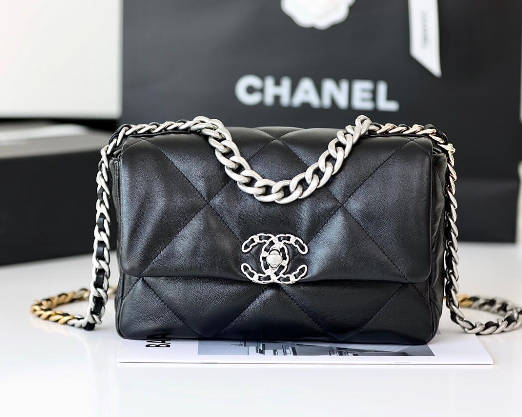 CHANEL 19 Small Flap Bag In Black Lambskin Silver Buckle