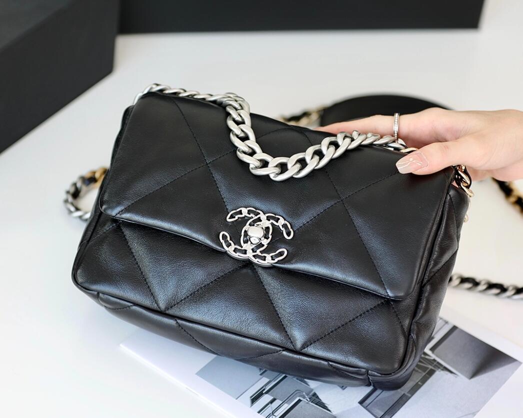 CHANEL 19 Small Flap Bag In Black Lambskin Silver Buckle