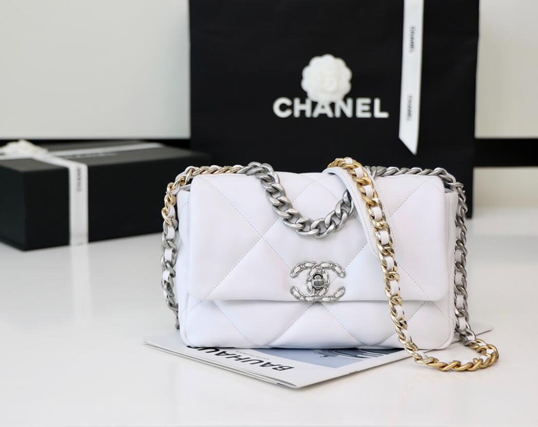 CHANEL 19 Medium Flap Bag In White Lambskin