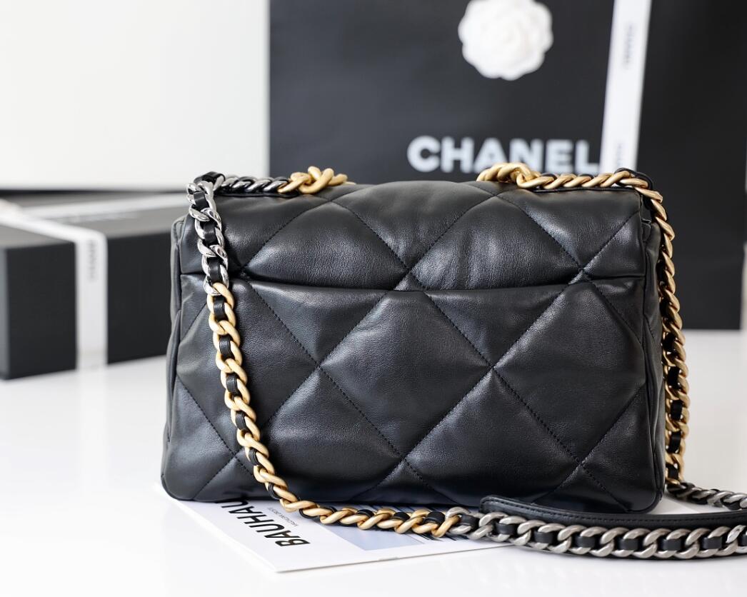 CHANEL 19 Medium Flap Bag In Black Lambskin Golden Buckle