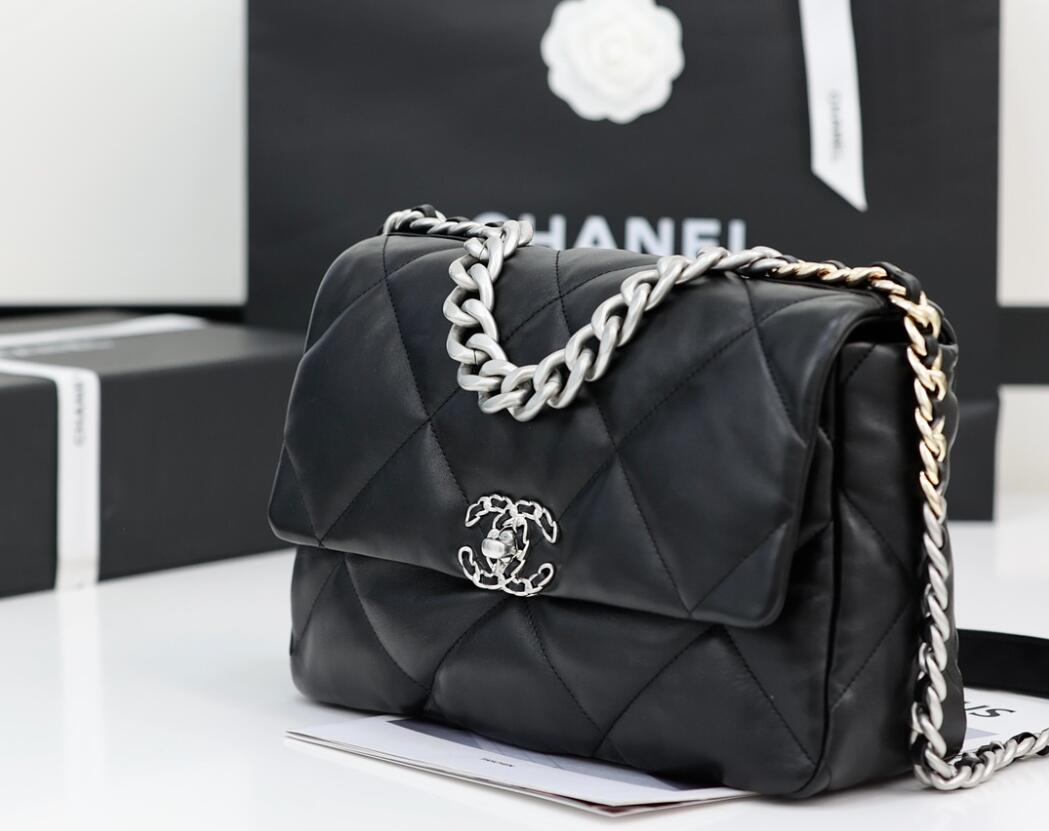 CHANEL 19 Medium Flap Bag In Black Lambskin Silver Buckle