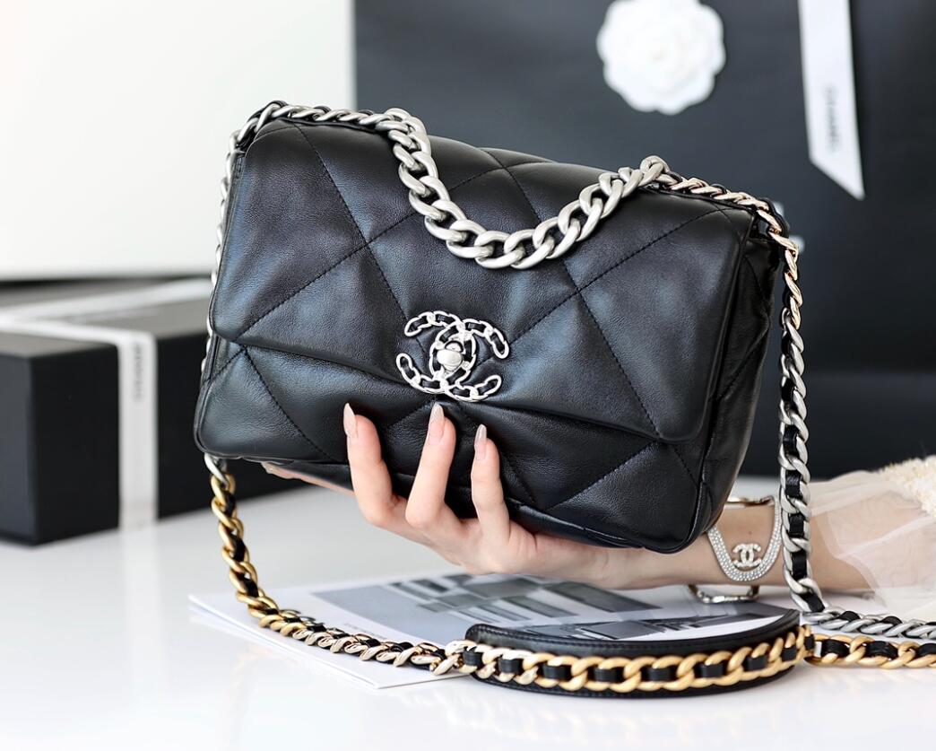 CHANEL 19 Small Flap Bag In Black Lambskin Silver Buckle